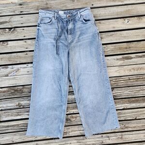 Pilcro Light Gray Wide Leg Pants 32 Tie Waist High Rise Anthropologie Raw Hem